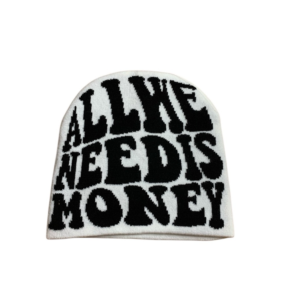 ALL WE NEED IS MONEY Y2K Graphic Knit Beanie - White/Black Streetwear Toque